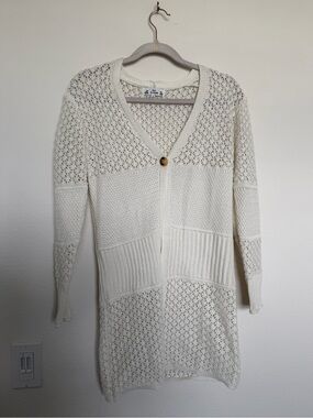 Poof New York Cream Open-Knit V-Neck Button Sweater